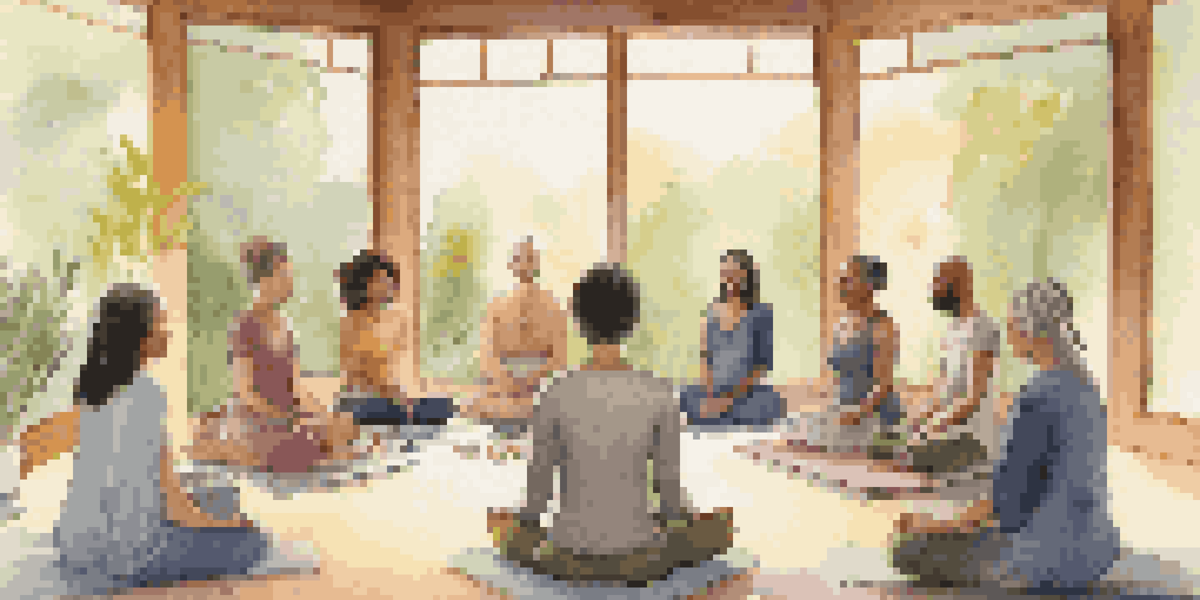 A group of individuals participating in a sound healing session, surrounded by singing bowls and tuning forks, in a calming environment with natural light.