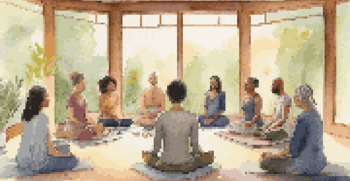 A group of individuals participating in a sound healing session, surrounded by singing bowls and tuning forks, in a calming environment with natural light.