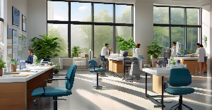 Employees participating in a dental hygiene workshop in a bright modern office space, surrounded by plants and natural light.