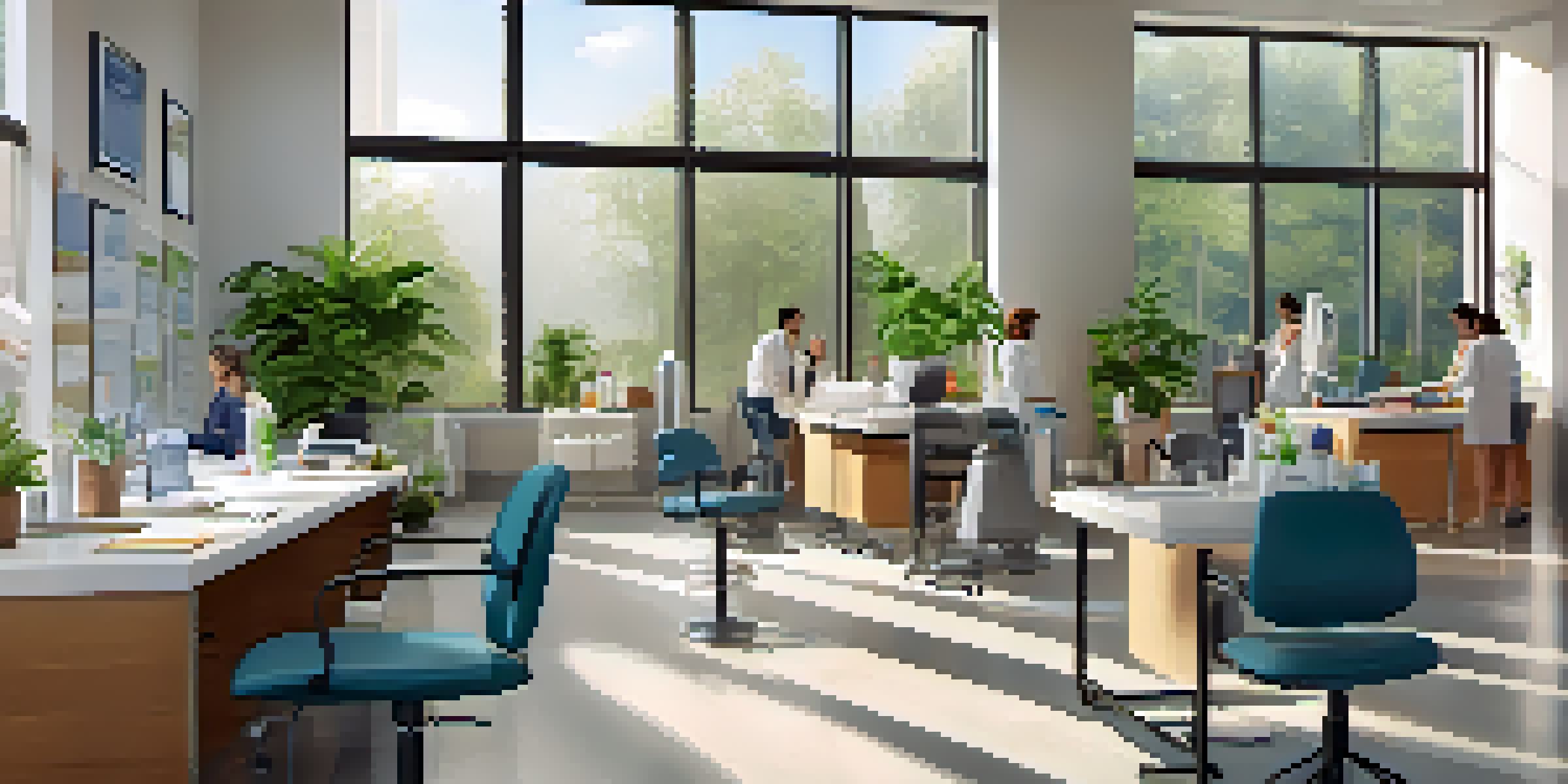 Employees participating in a dental hygiene workshop in a bright modern office space, surrounded by plants and natural light.