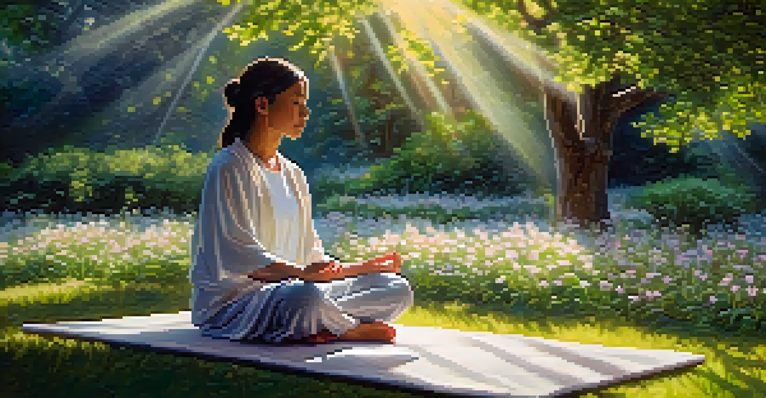 A person meditating in a garden filled with flowers and sunlight.
