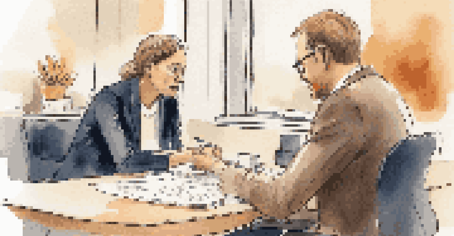 A manager and an employee having a one-on-one feedback session in a cozy office, with warm colors and a friendly vibe.