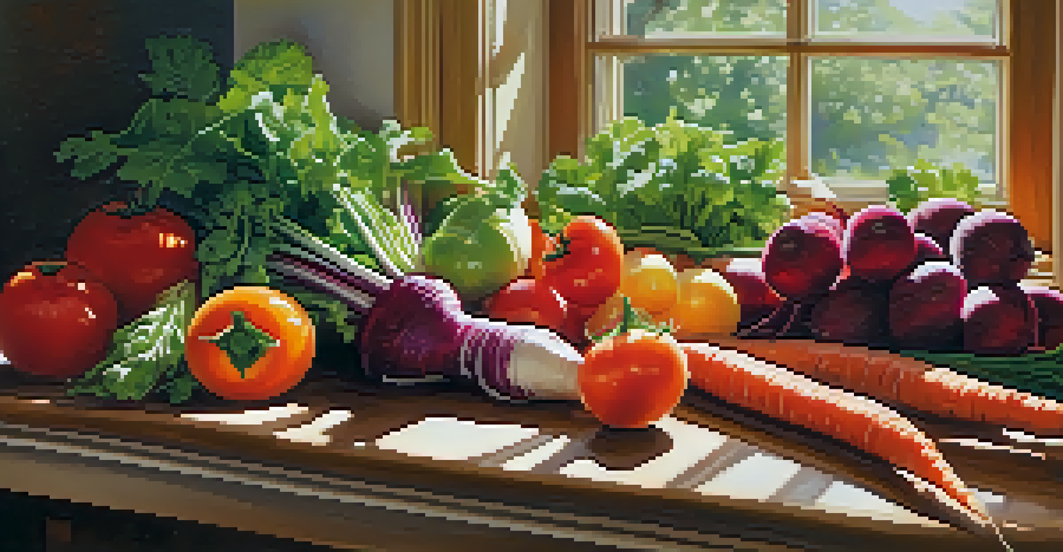 A colorful kitchen countertop filled with fresh fruits and vegetables under warm sunlight.