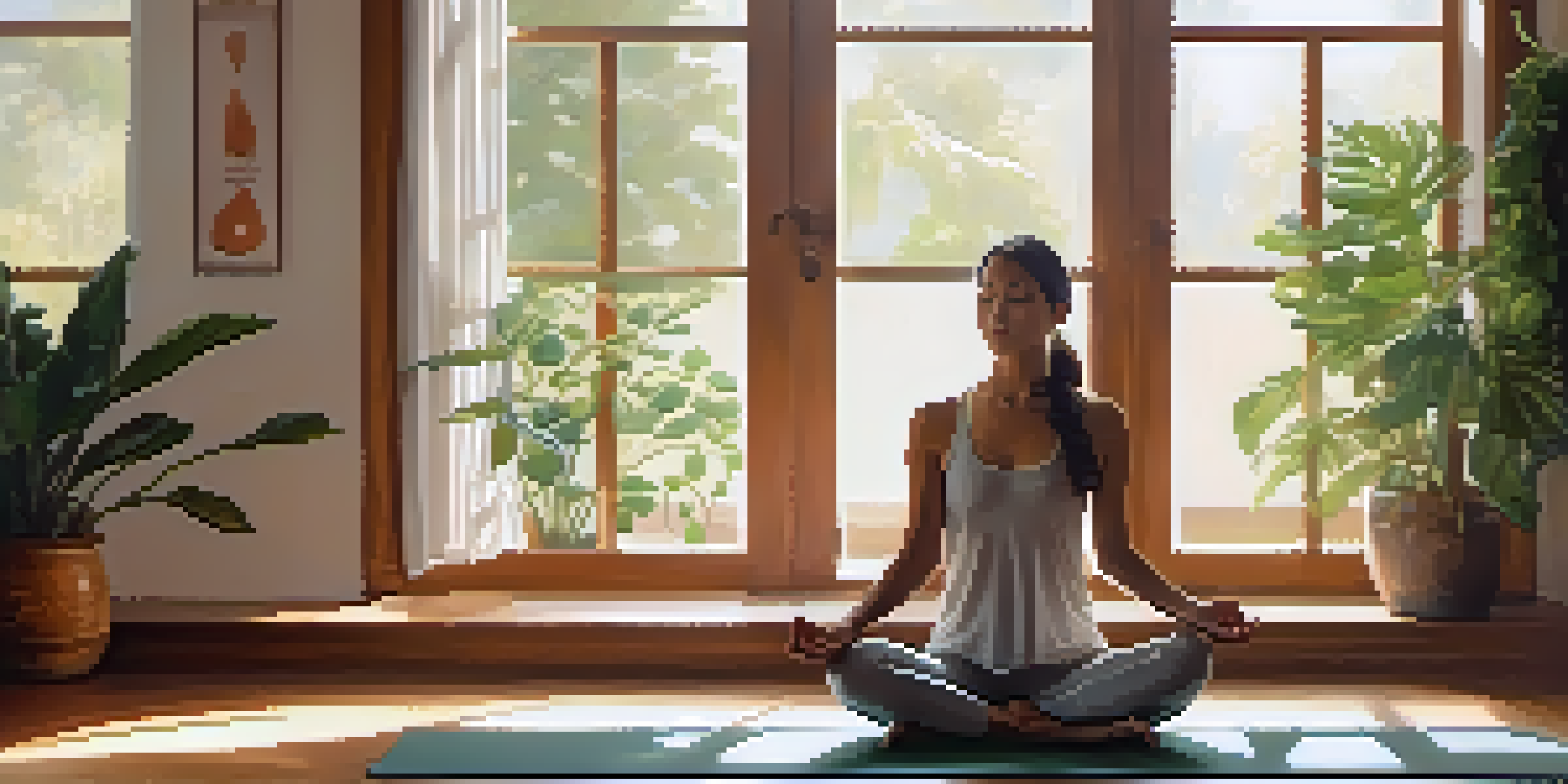 A woman practicing Wind-Relieving Pose in a bright yoga studio filled with plants and warm light.