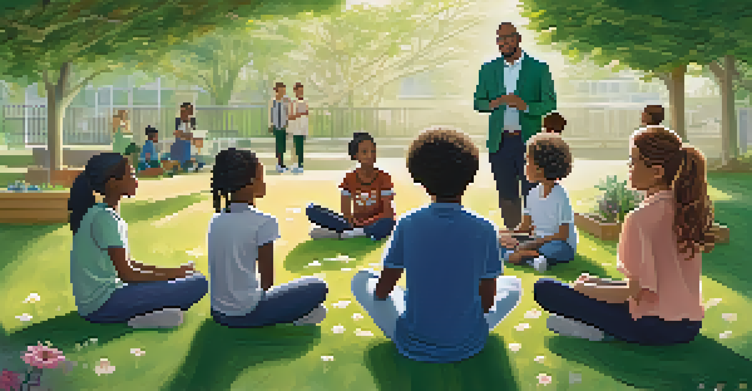 A diverse group of students practicing mindfulness outdoors in a school garden, led by a teacher.