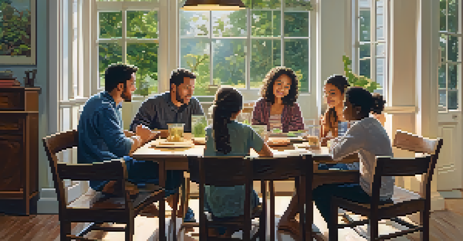 A family engaged in a discussion around a wooden table, fostering open communication in a warm, natural light setting.