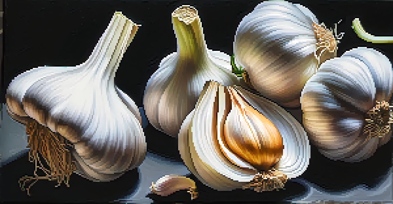 A close-up view of fresh garlic bulbs and cloves on a dark surface, surrounded by herbs, illuminated softly.