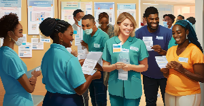 A diverse group of people at a vaccination clinic, smiling and holding vaccination cards, with banners about mental health awareness in the background.