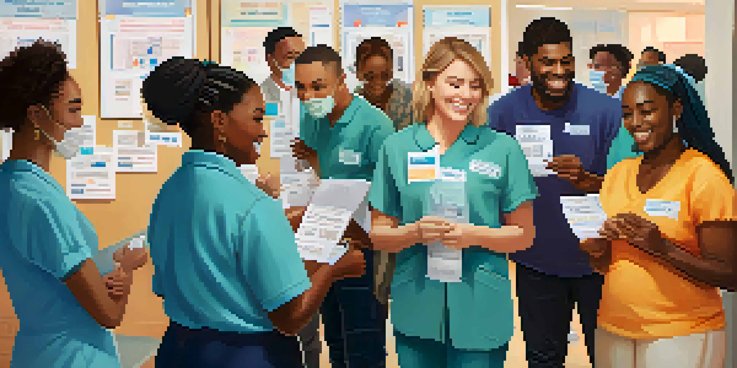 A diverse group of people at a vaccination clinic, smiling and holding vaccination cards, with banners about mental health awareness in the background.