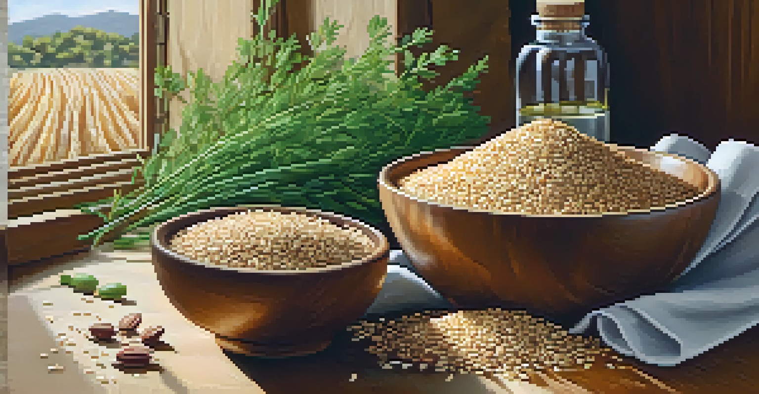 A bowl of nutritious whole grains surrounded by fresh herbs and olive oil, displaying healthy eating.