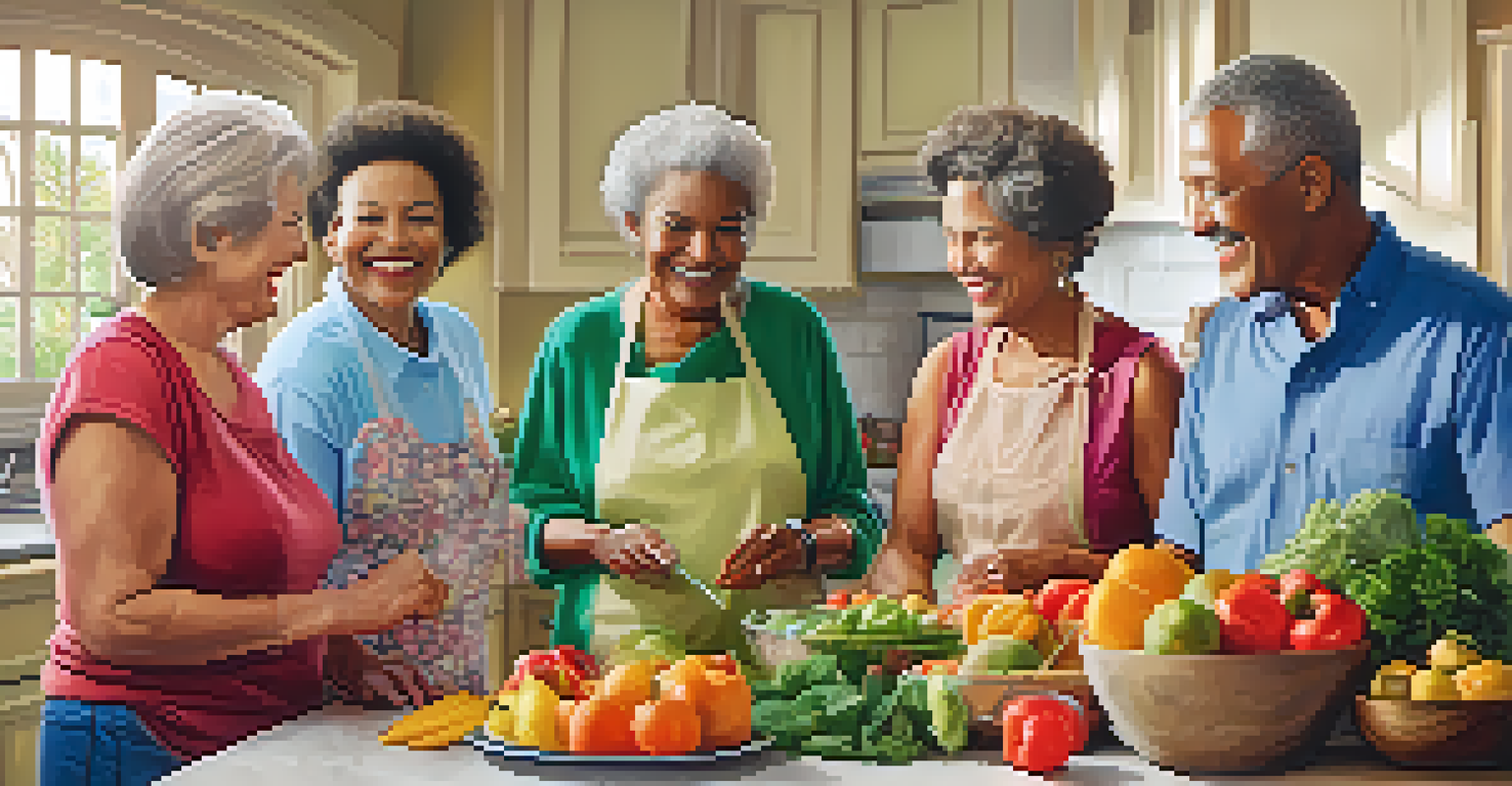 A group of elderly friends cooking a healthy meal together in a bright kitchen.