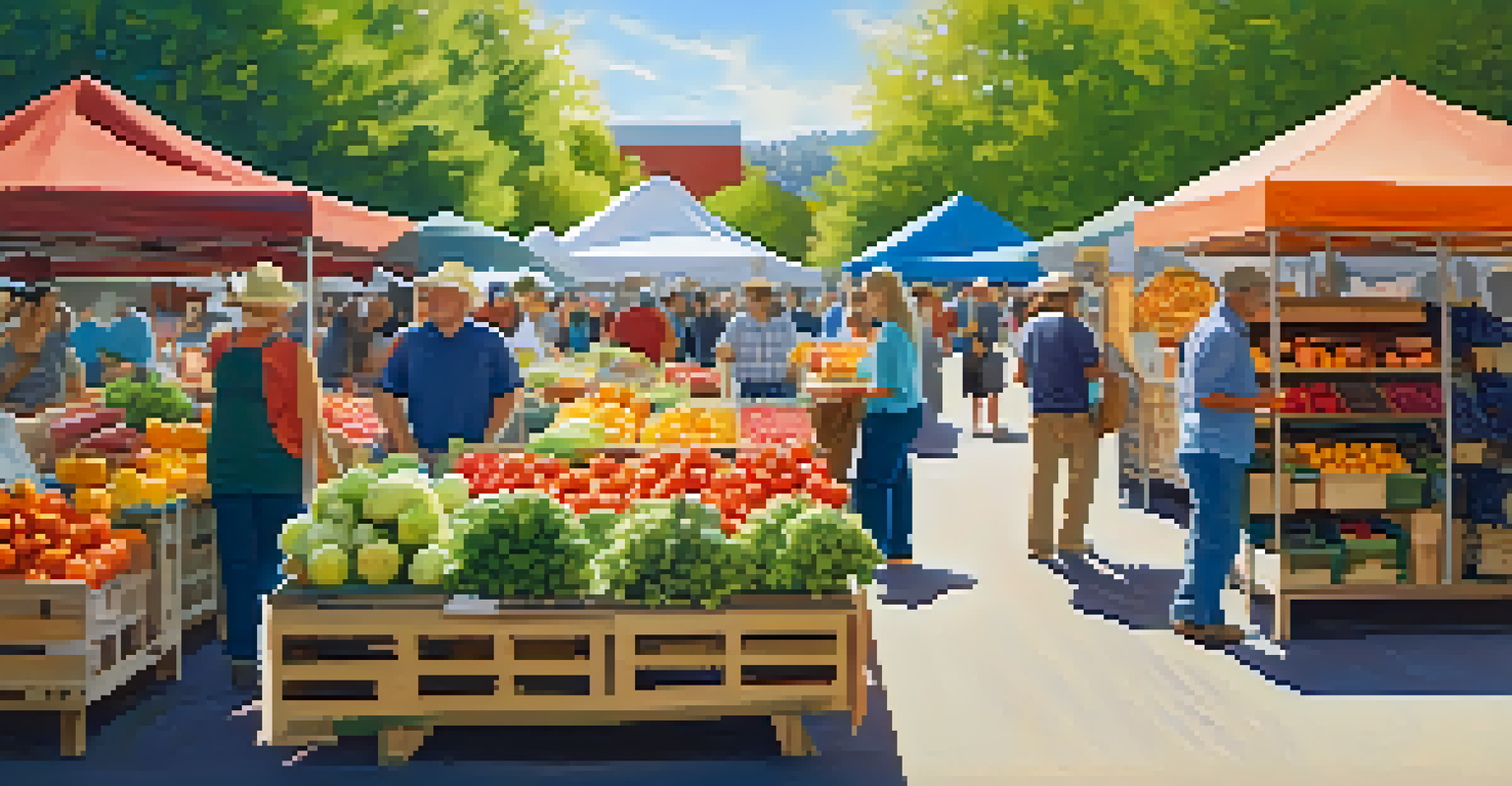 A lively farmers' market showcasing colorful fruits and vegetables with shoppers engaging with local farmers under bright sunlight.