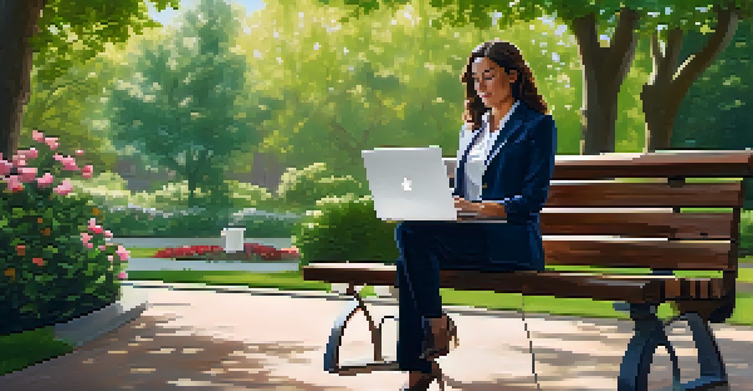 A professional woman working on her laptop in a park, engaged in a video call surrounded by nature.
