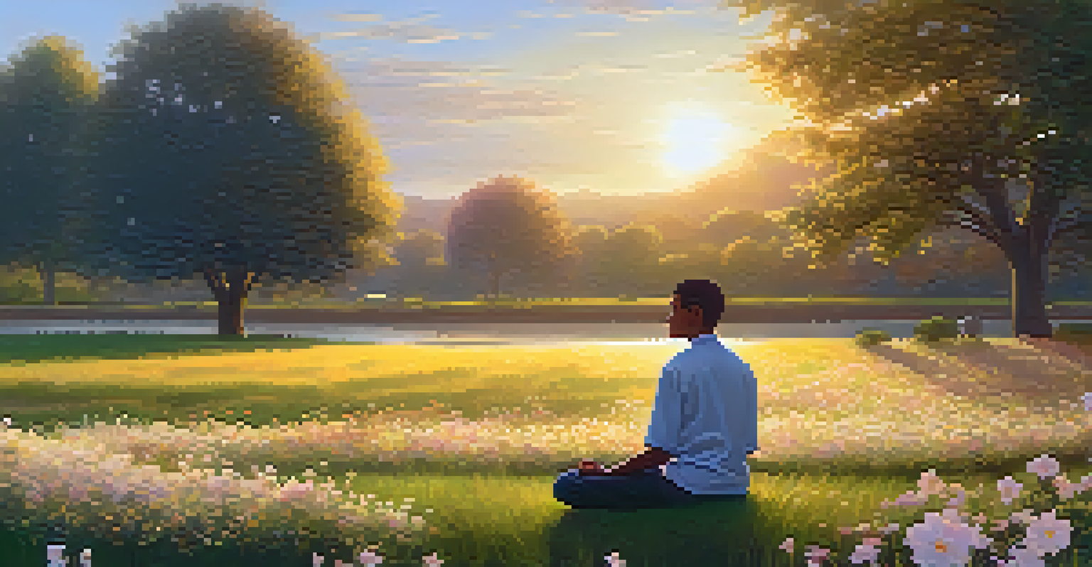 An employee practicing mindfulness outdoors in a serene setting with blooming flowers and a sunset in the background.