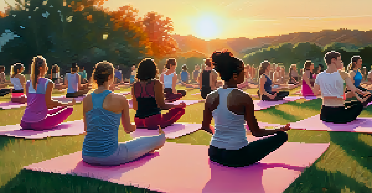 A group of friends participating in an outdoor yoga class during sunset, promoting community and wellness.