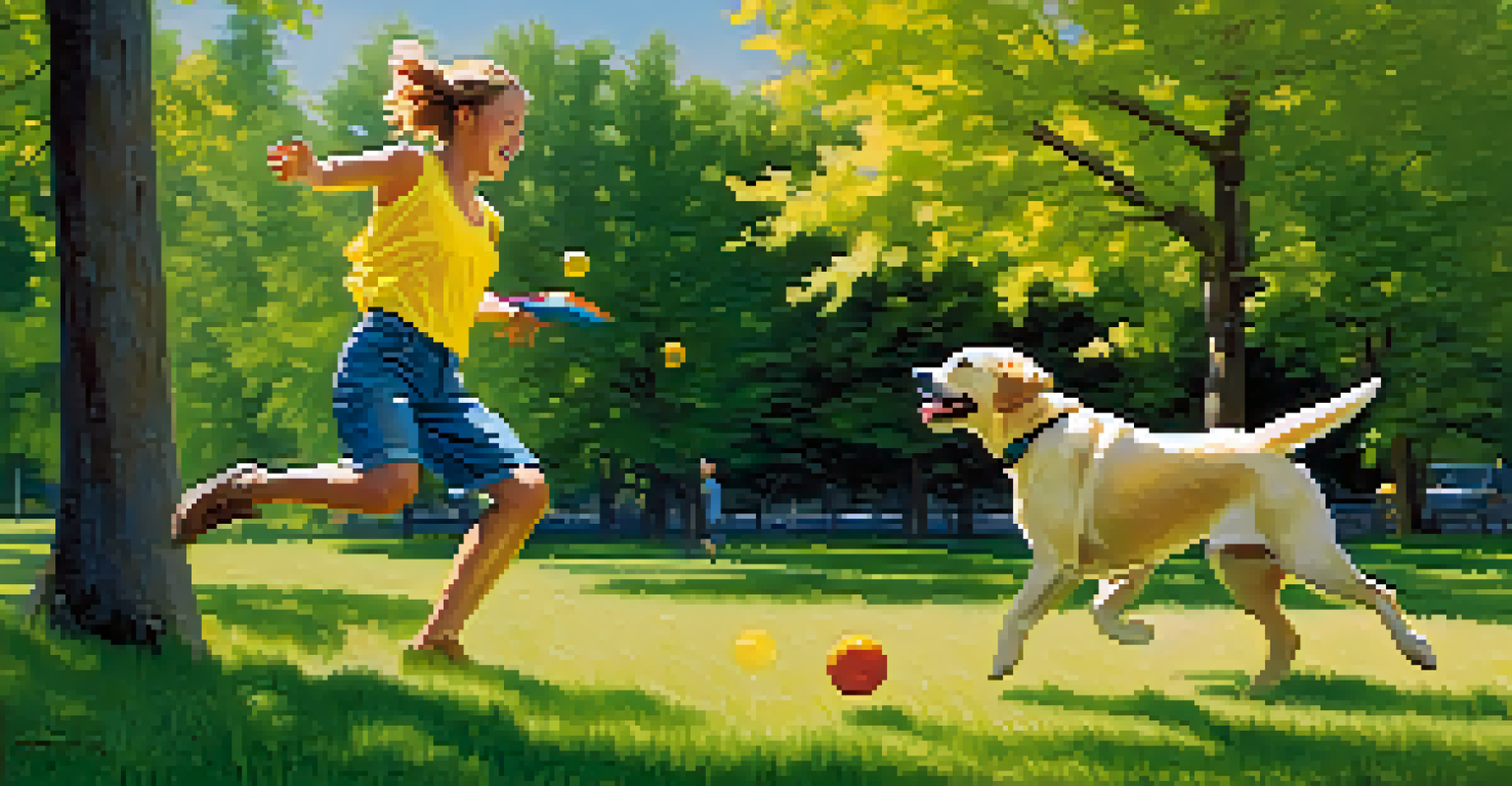 A person playing fetch with a Labrador retriever in a sunny park with green grass and trees.