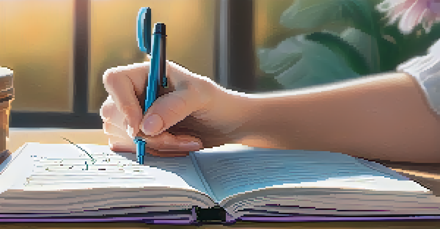 A close-up of a hand writing affirmations in a decorative journal, with a colorful background and a pen beside it.
