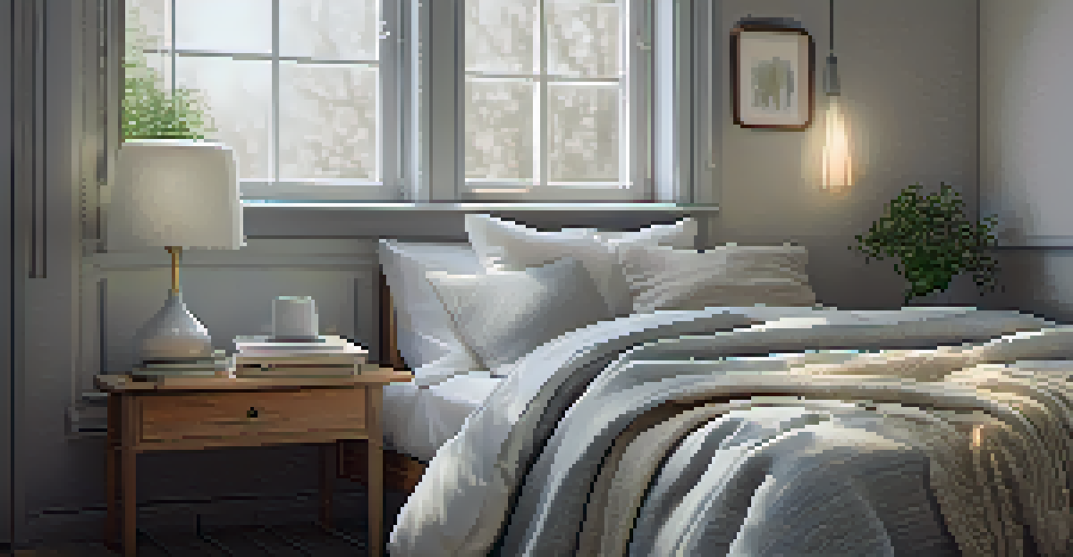 A tranquil bedroom with a neatly made bed, soft lighting, and a bedside table with tea and a book, promoting restful sleep.