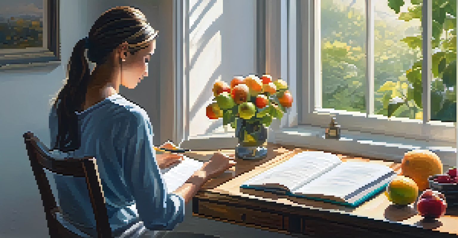 A person writing in a health journal at a desk with a glucose meter and fresh fruit, illuminated by sunlight.