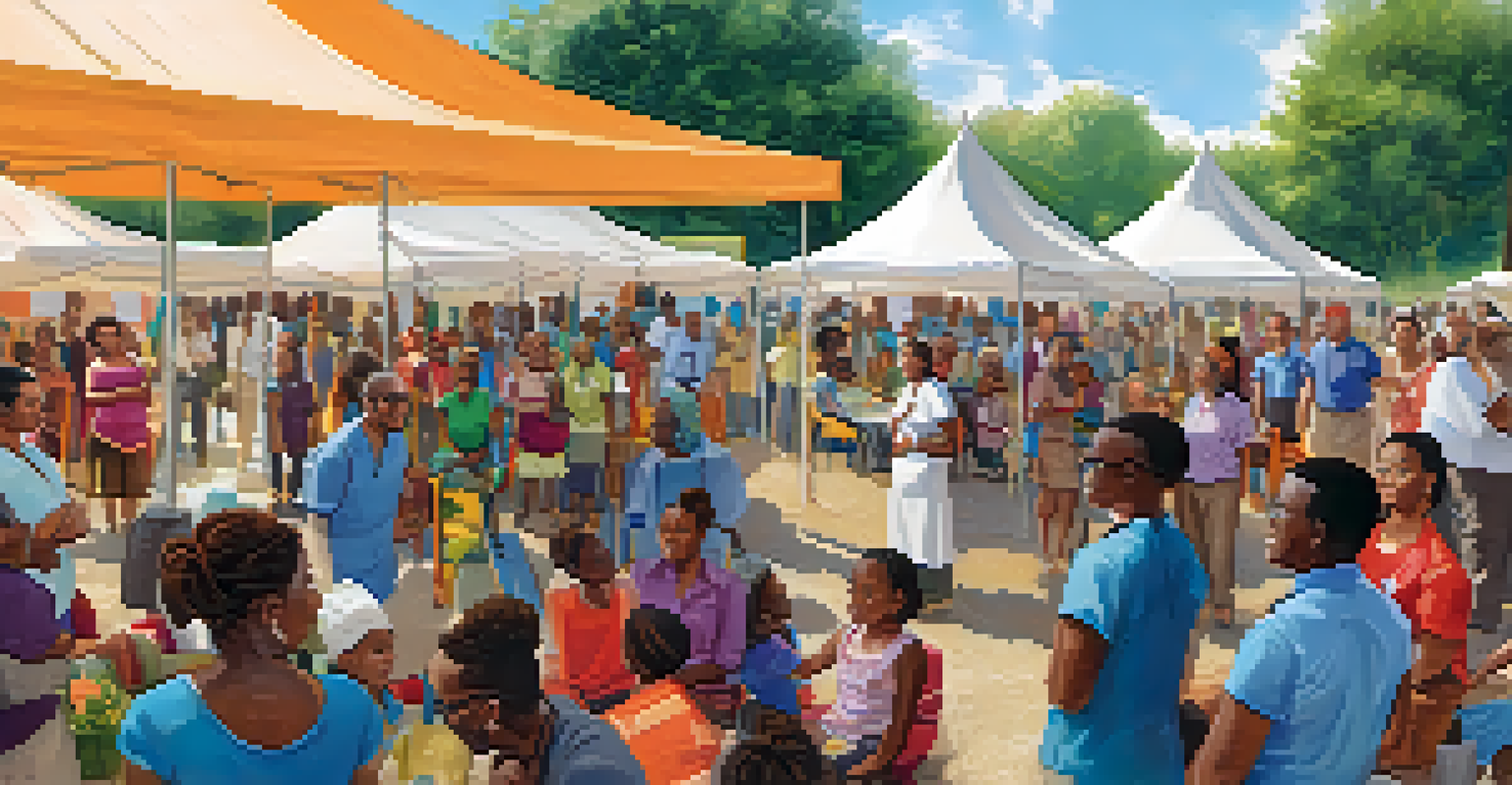 A healthcare provider interacting with community members at an outdoor health event, showcasing diversity and engagement.