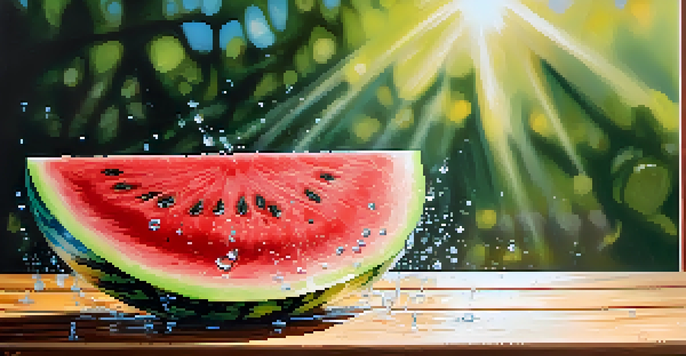 A close-up of a watermelon slice with water droplets on a wooden table, illuminated by sunlight.