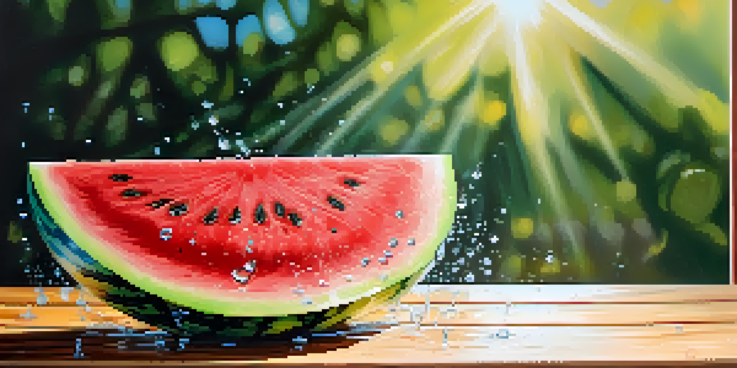 A close-up of a watermelon slice with water droplets on a wooden table, illuminated by sunlight.