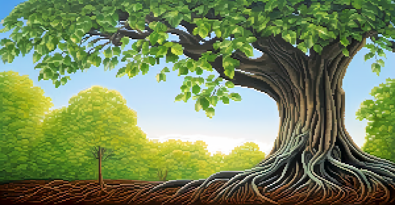 A vibrant tree with deep roots, symbolizing family history and growth, set against a soft blue sky gradient.