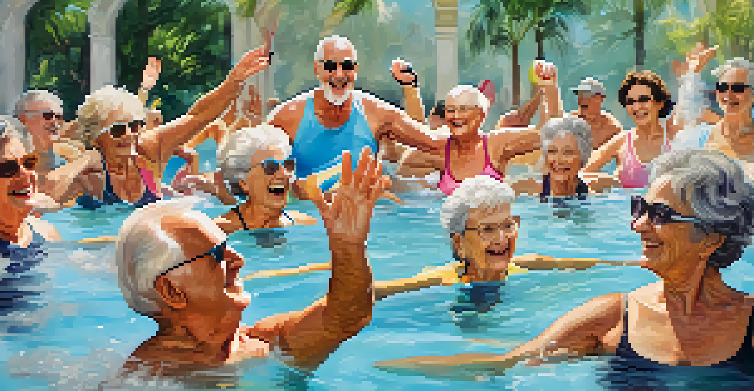 Seniors participating in a lively water aerobics class, enjoying exercise in a sunny swimming pool with splashes of water.