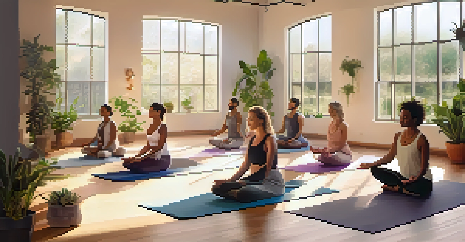 An indoor yoga studio with people practicing yoga under sunlight.