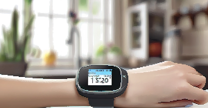 A close-up view of a continuous glucose monitor on an arm, with a smartphone displaying blood glucose levels in a bright kitchen setting.