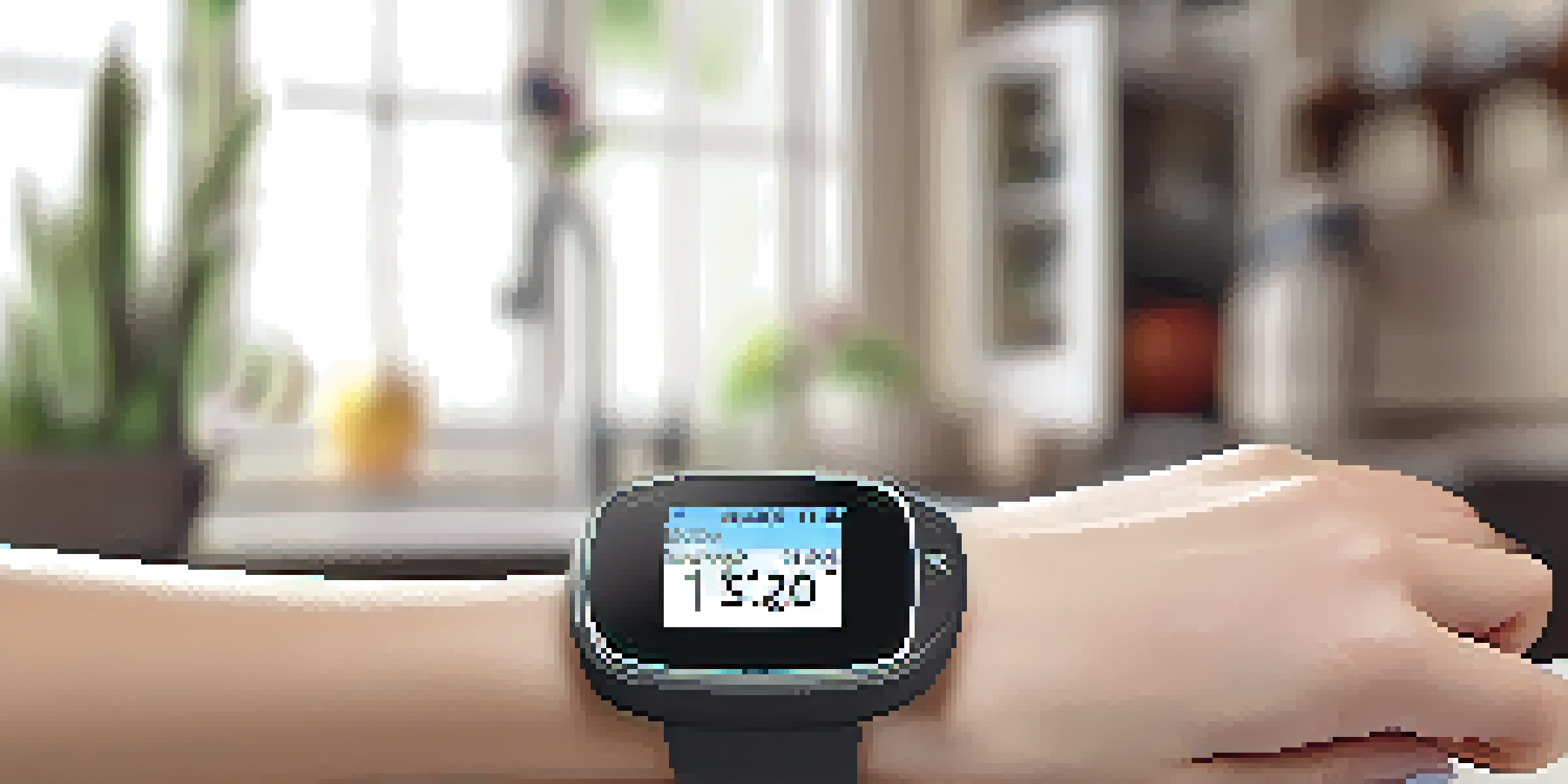 A close-up view of a continuous glucose monitor on an arm, with a smartphone displaying blood glucose levels in a bright kitchen setting.