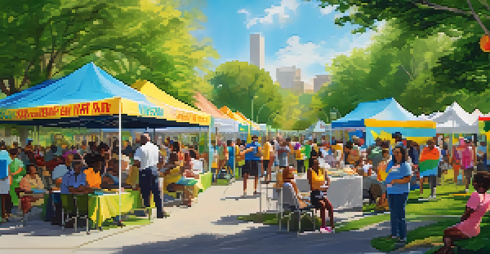 A lively community health fair in a park with diverse people participating in health activities, surrounded by green trees and colorful banners.