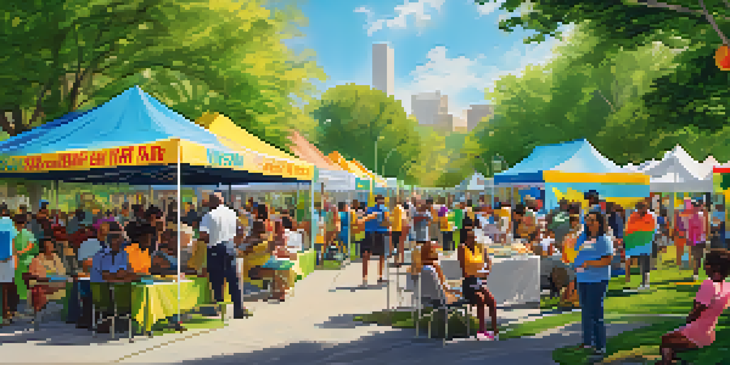 A lively community health fair in a park with diverse people participating in health activities, surrounded by green trees and colorful banners.