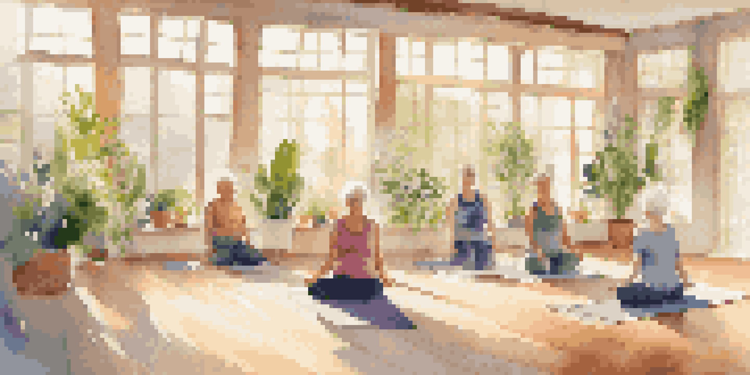 A group of senior individuals practicing yoga in a bright and peaceful studio, surrounded by plants and natural light.