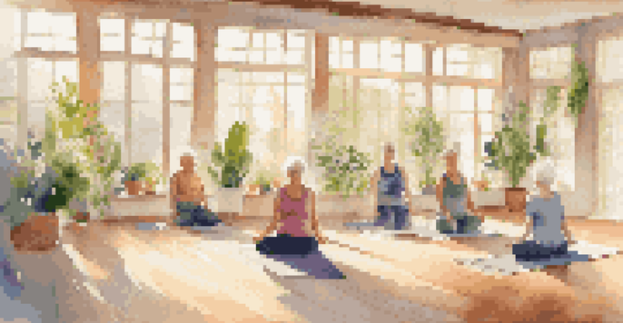 A group of senior individuals practicing yoga in a bright and peaceful studio, surrounded by plants and natural light.