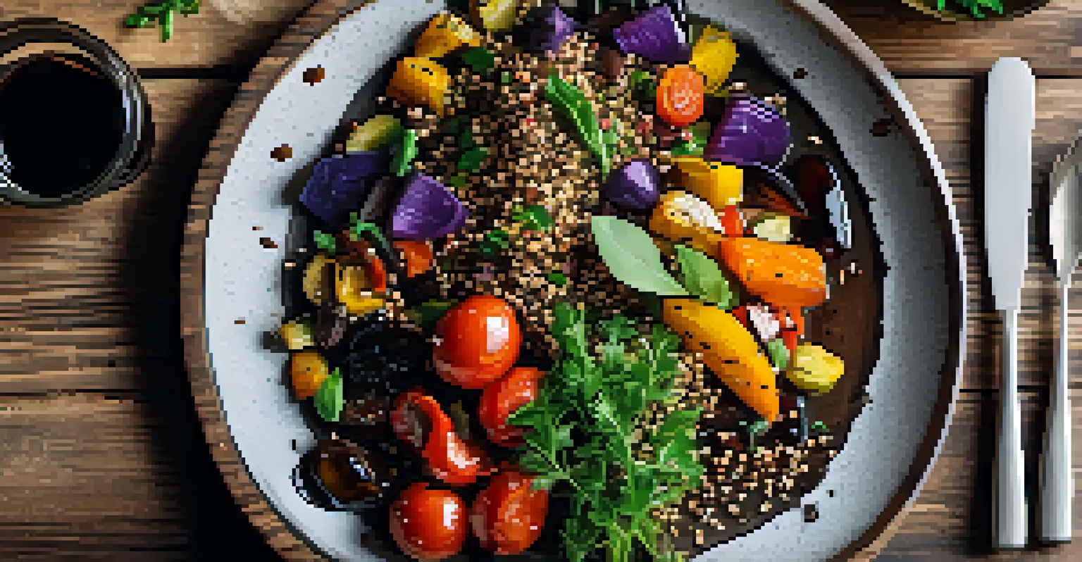 A plate of colorful plant-based cuisine with roasted vegetables and quinoa, set on a rustic wooden table with fresh herbs and flowers.
