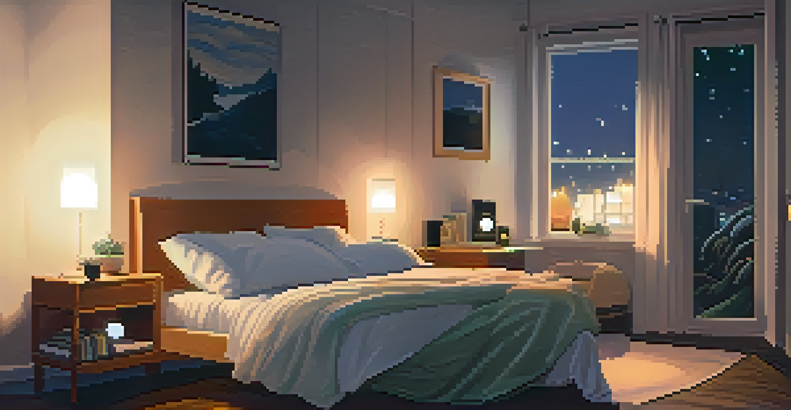 A cozy bedroom with a person in bed, a Bluetooth speaker, and warm lighting for relaxation.