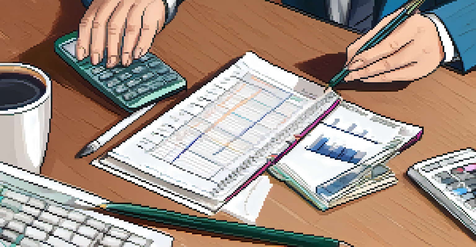 A financial planner writing a budget on a notepad with a calculator and laptop on the table.