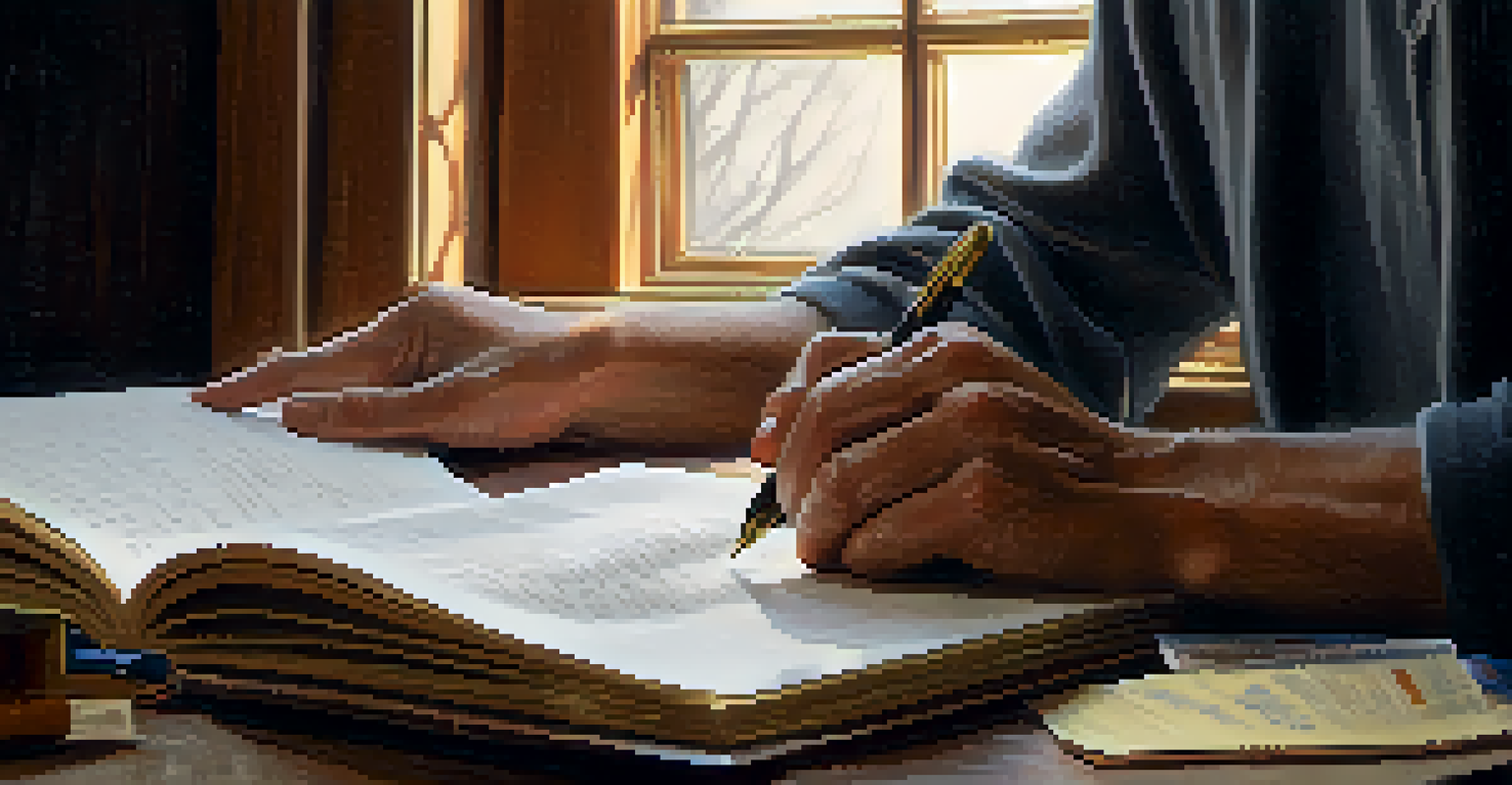 A man's hands holding a journal open, surrounded by mementos of lost loved ones.