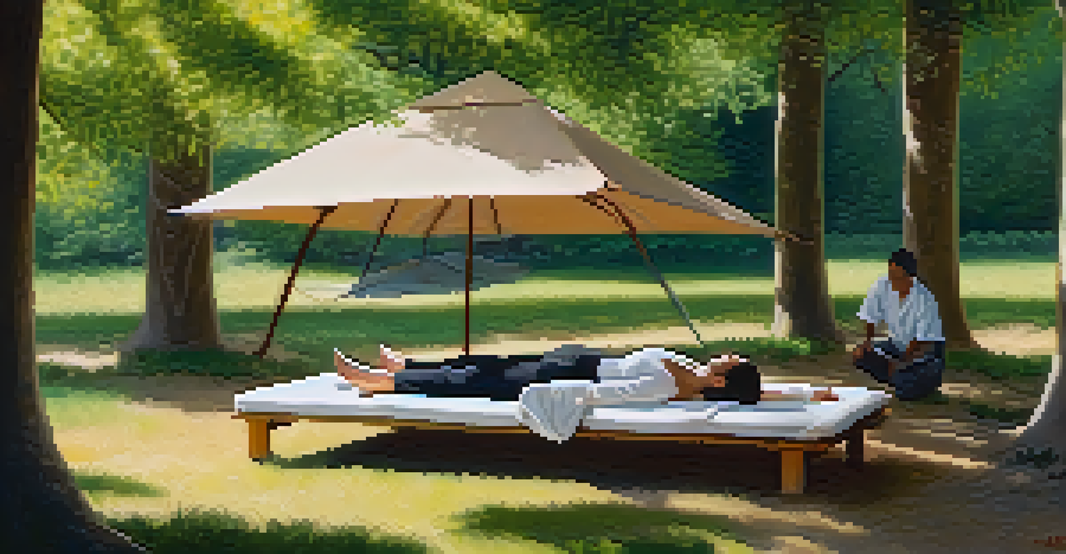 An outdoor Shiatsu massage setup with a mat on grass under trees, showcasing a therapist preparing for a session.