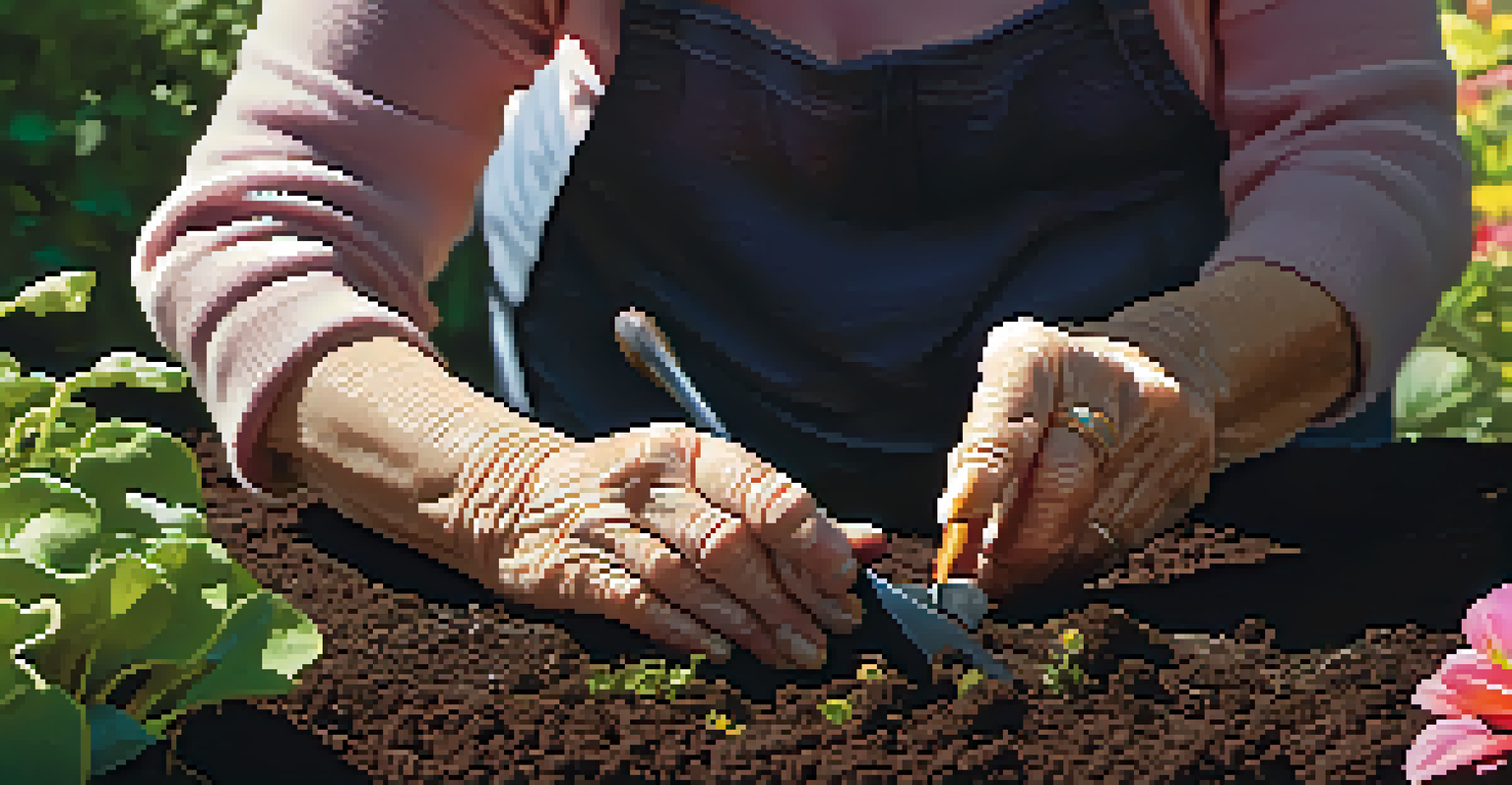 A senior woman planting flowers in a vibrant garden, showcasing her hands in the soil with colorful plants around.
