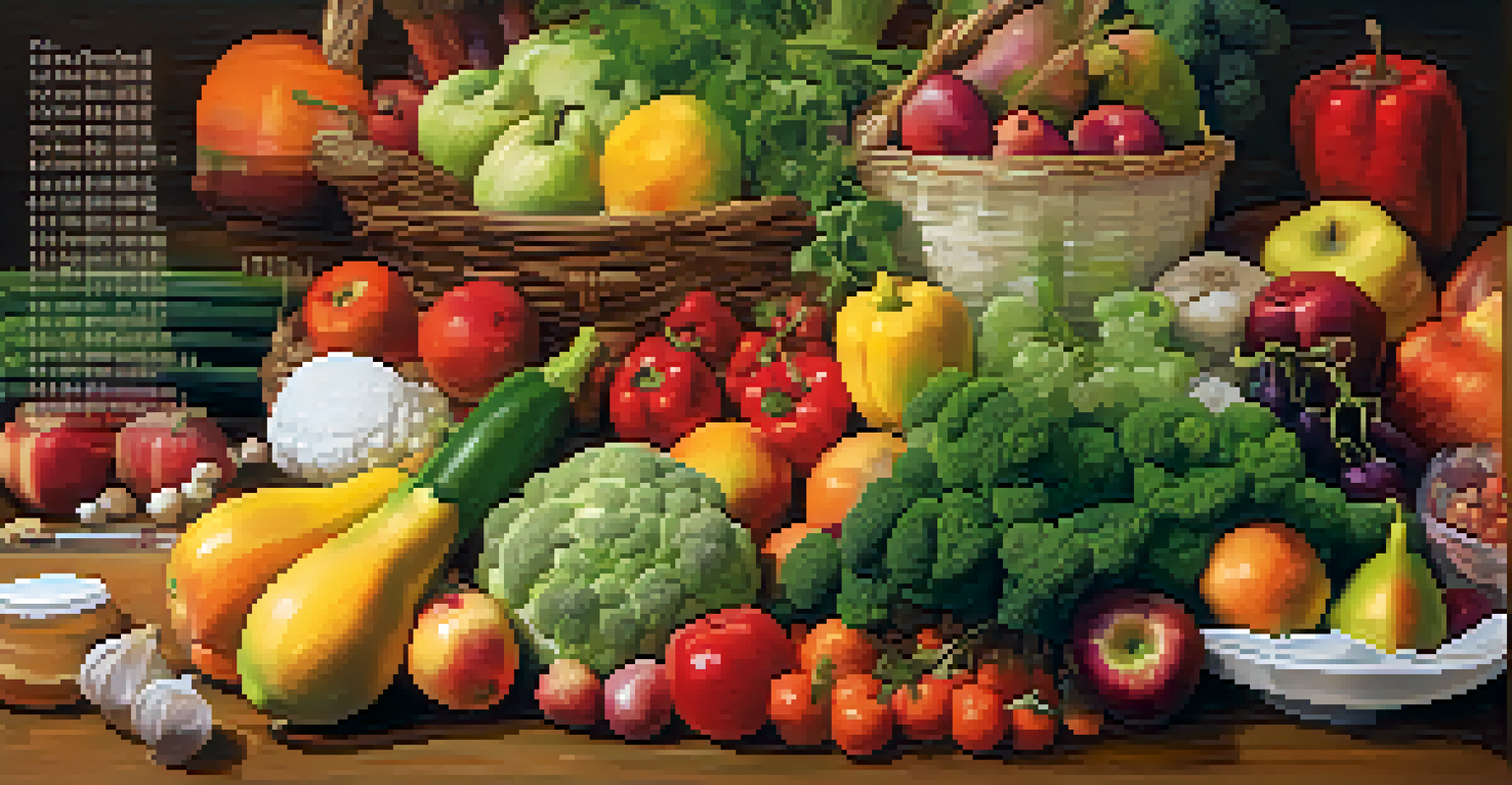 A family health history chart on a wooden table surrounded by colorful fruits and vegetables.