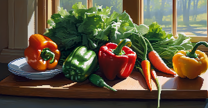 A colorful array of fresh vegetables on a wooden cutting board in a sunlit kitchen, with a steaming pot in the background.