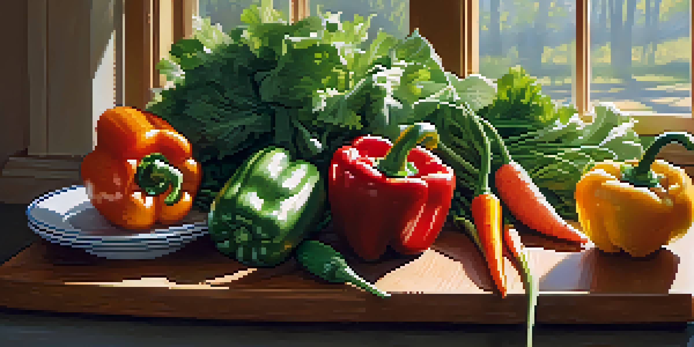 A colorful array of fresh vegetables on a wooden cutting board in a sunlit kitchen, with a steaming pot in the background.