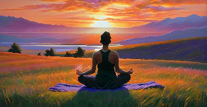 A person practicing yoga on a hill at sunset, with a colorful sky in the background.