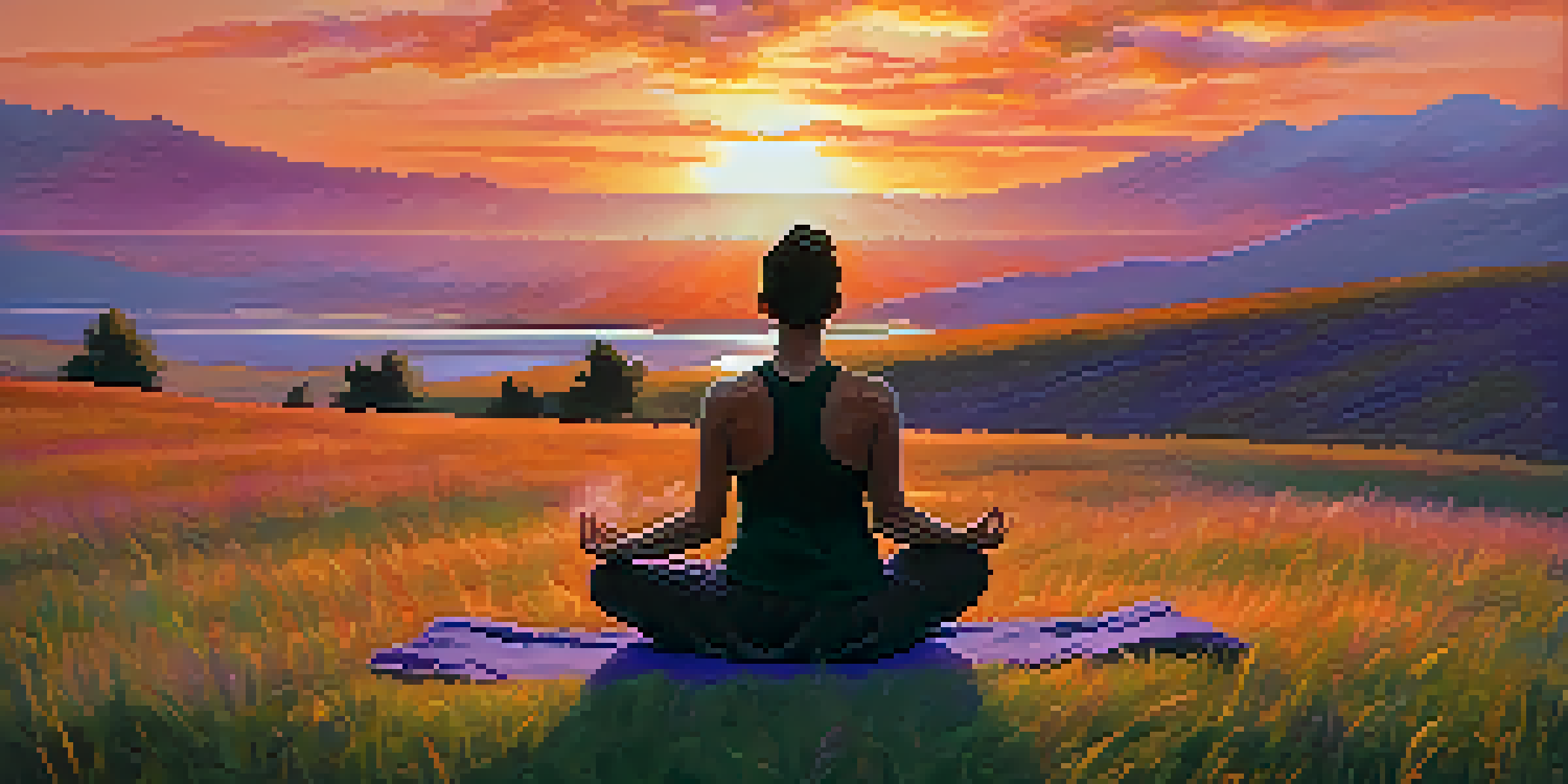 A person practicing yoga on a hill at sunset, with a colorful sky in the background.