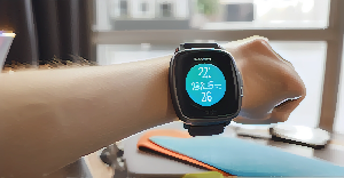 A modern smartwatch showing heart rate data next to fitness equipment, illuminated by natural light.