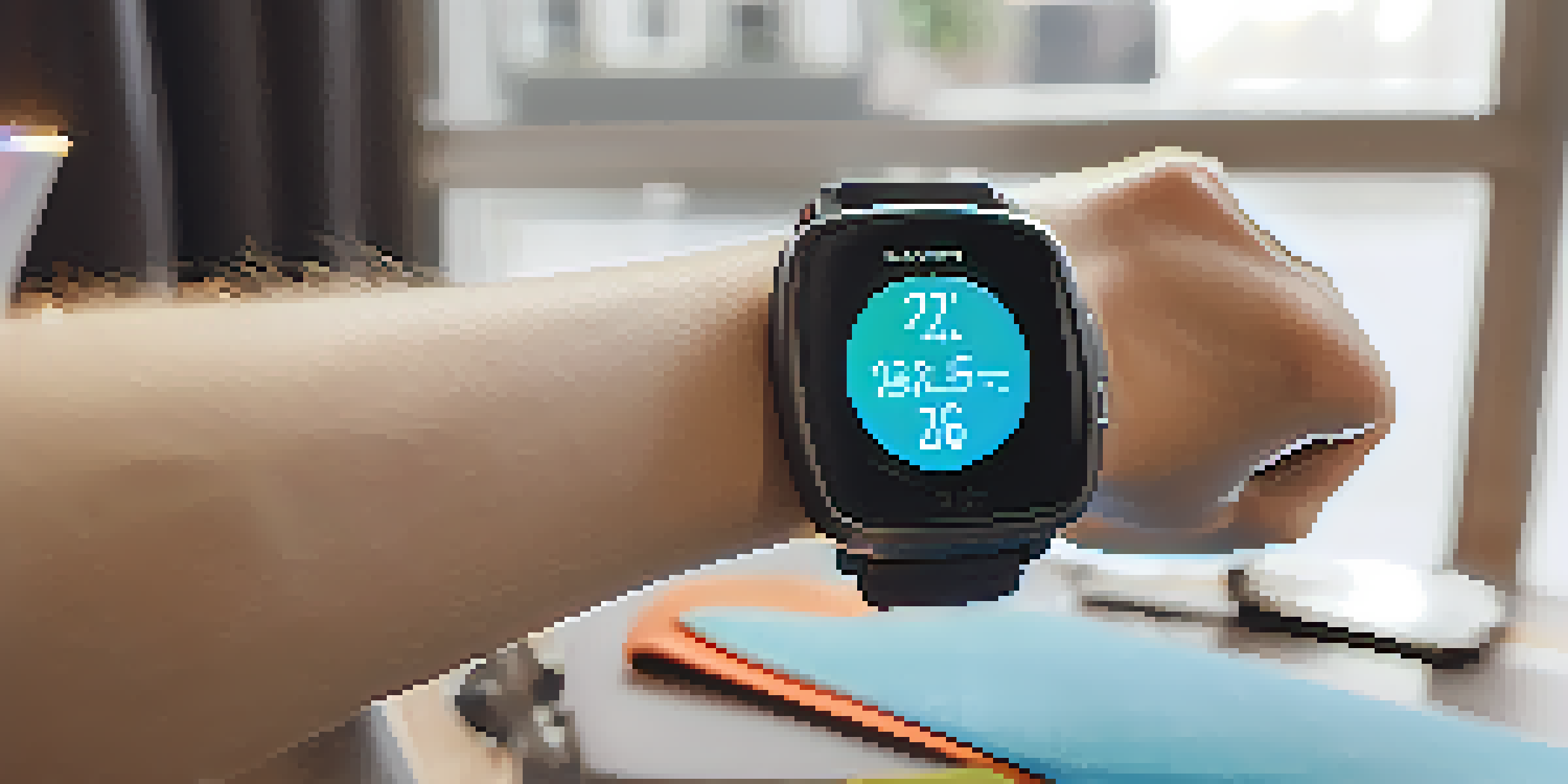 A modern smartwatch showing heart rate data next to fitness equipment, illuminated by natural light.