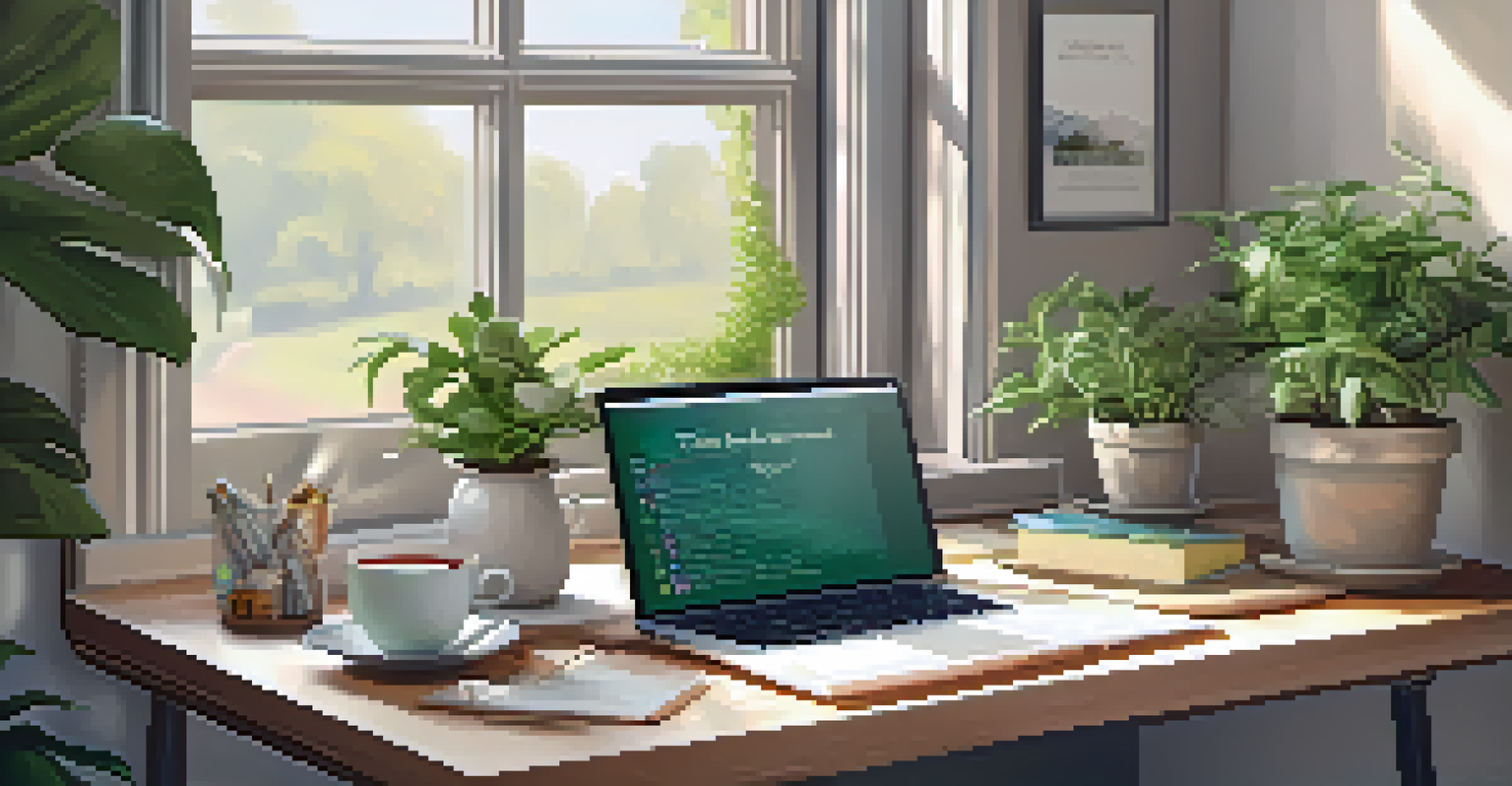 A cozy home office with a desk, laptop, herbal tea, and motivational quotes on the walls, illuminated by natural light.