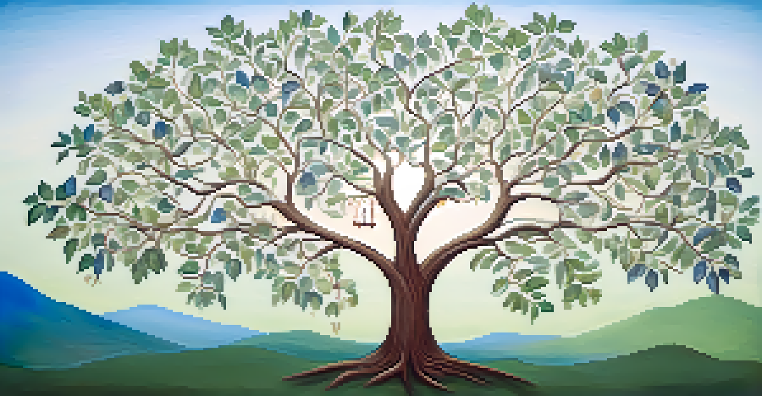 An artistic family tree with branches displaying family members' portraits and health history.